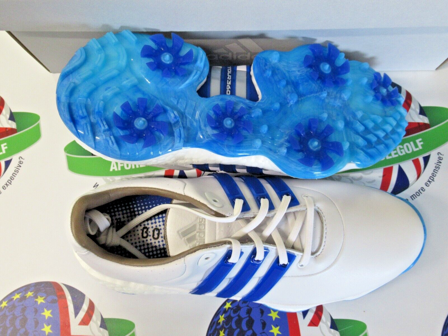 adidas tour 360 22 waterproof golf shoes white/blue uk size 7