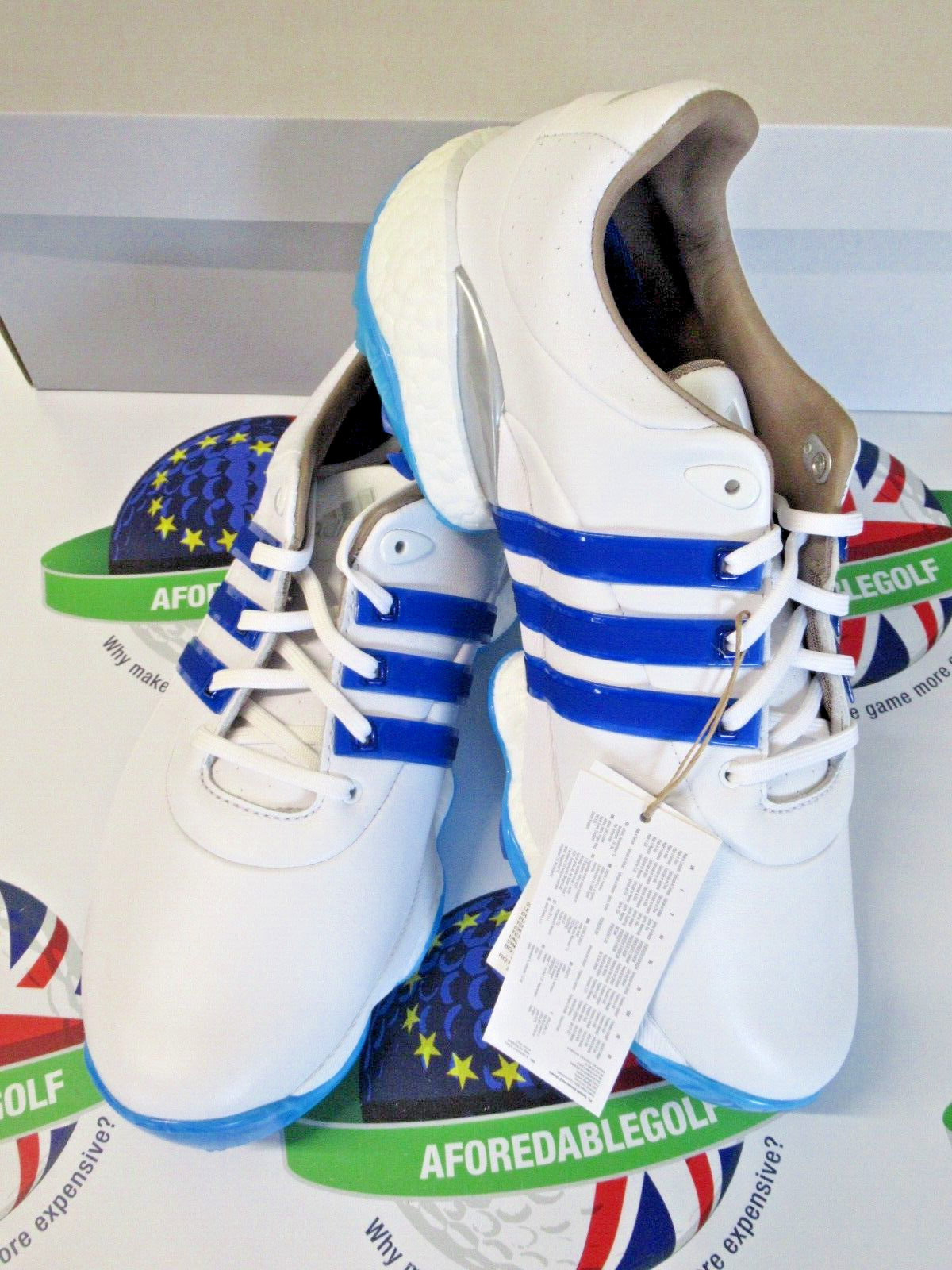 adidas tour 360 22 waterproof golf shoes white/blue uk size 7