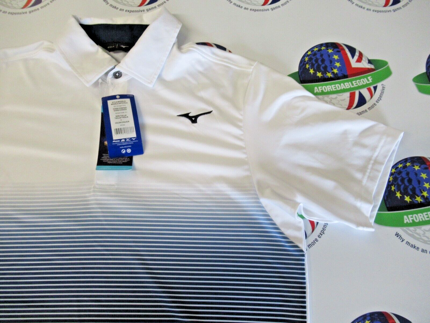 Mizuno Quick Dry Mirage Polo Shirt White/Multi Blue Stripe UK Size Medium
