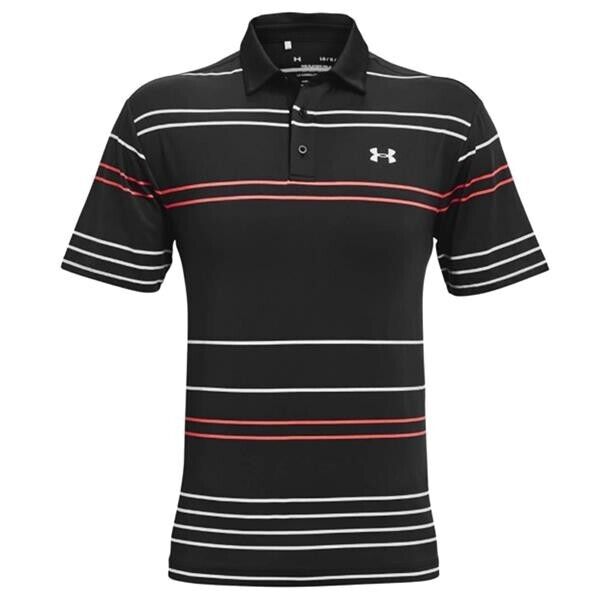 under armour play off 2.0 black with white/orange stripe polo shirt size medium