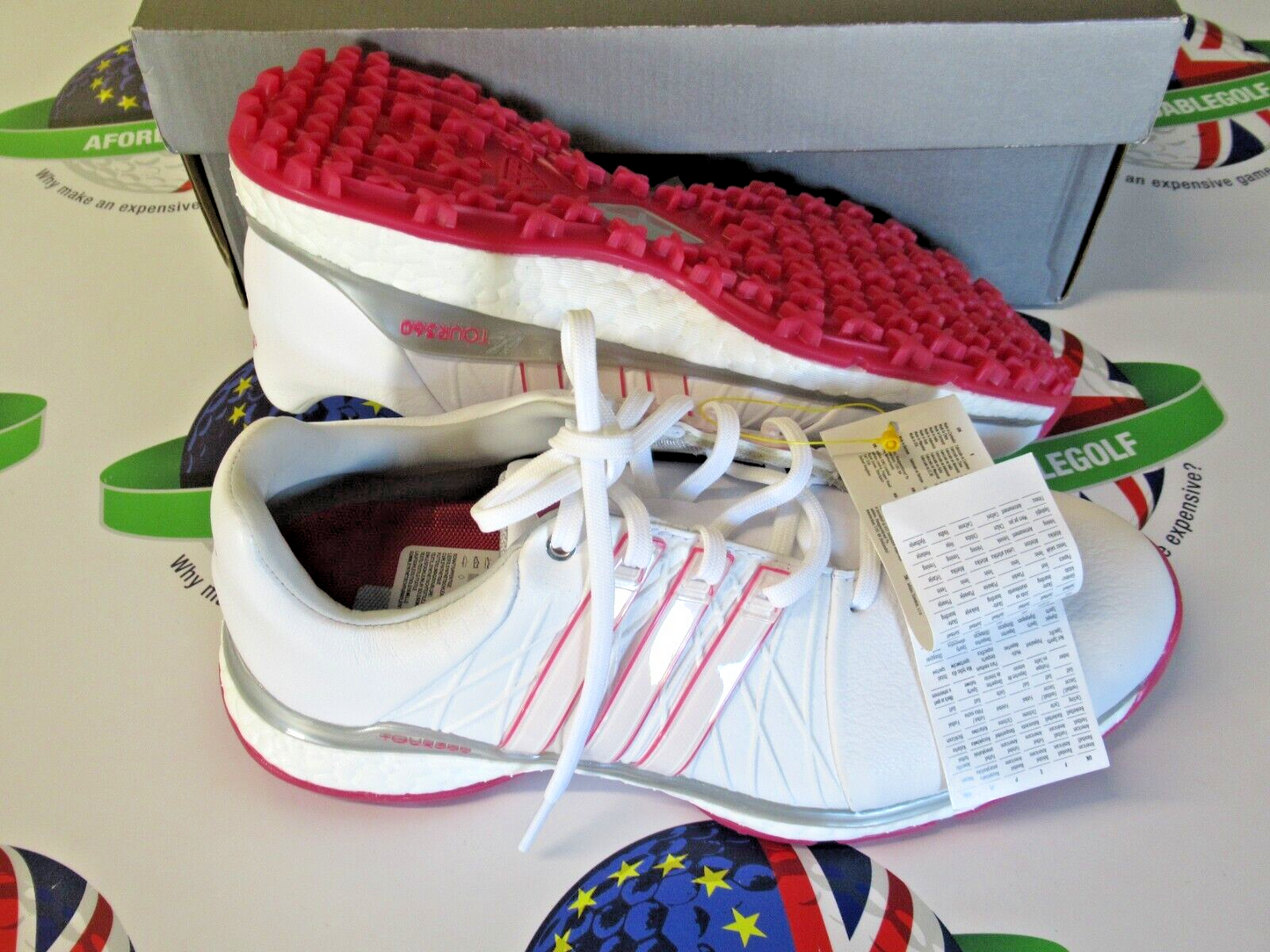adidas womens tour 360 xt-sl golf shoes white/pink/silver uk size 4.5 medium