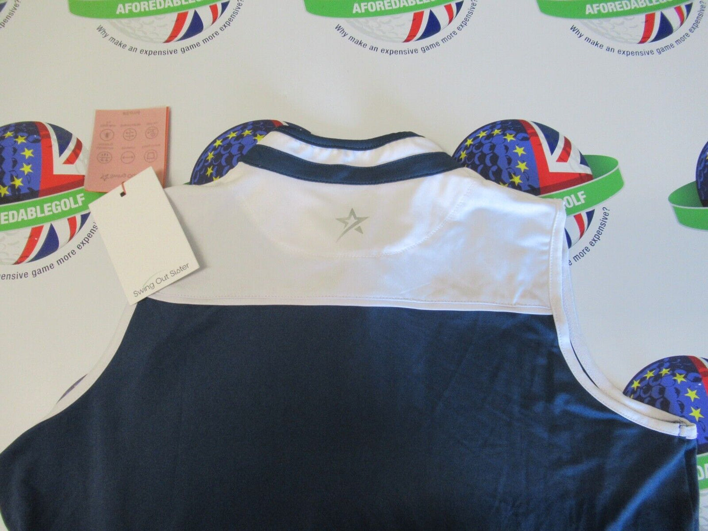 Swing Out Sister Esme Zip Up Sleeveless Polo Shirt Atlantic & White Size Medium