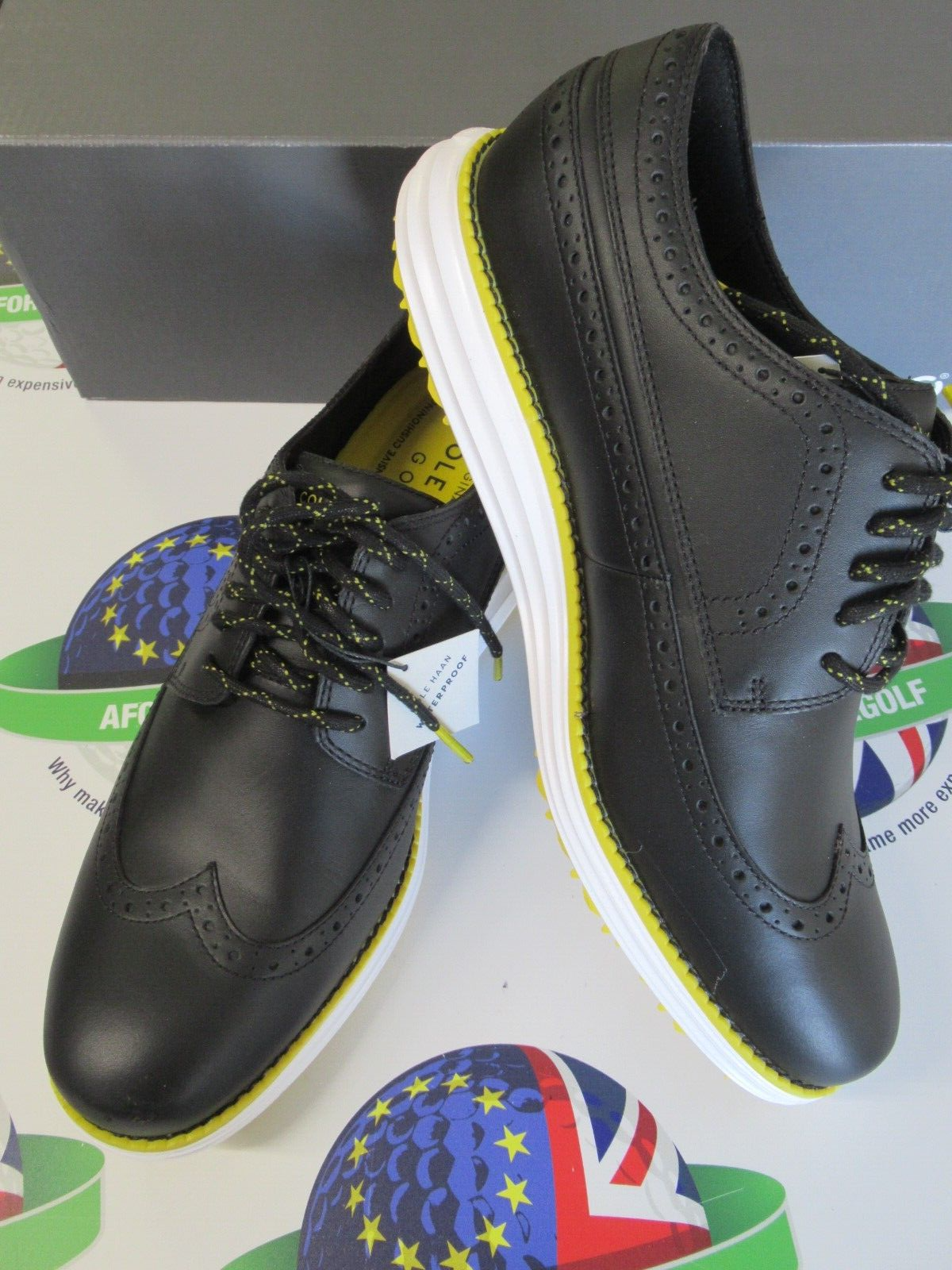 Cole Hann Original Grand Wing Oxford Spikeless Golf Shoes Black/Yellow UK Size 9