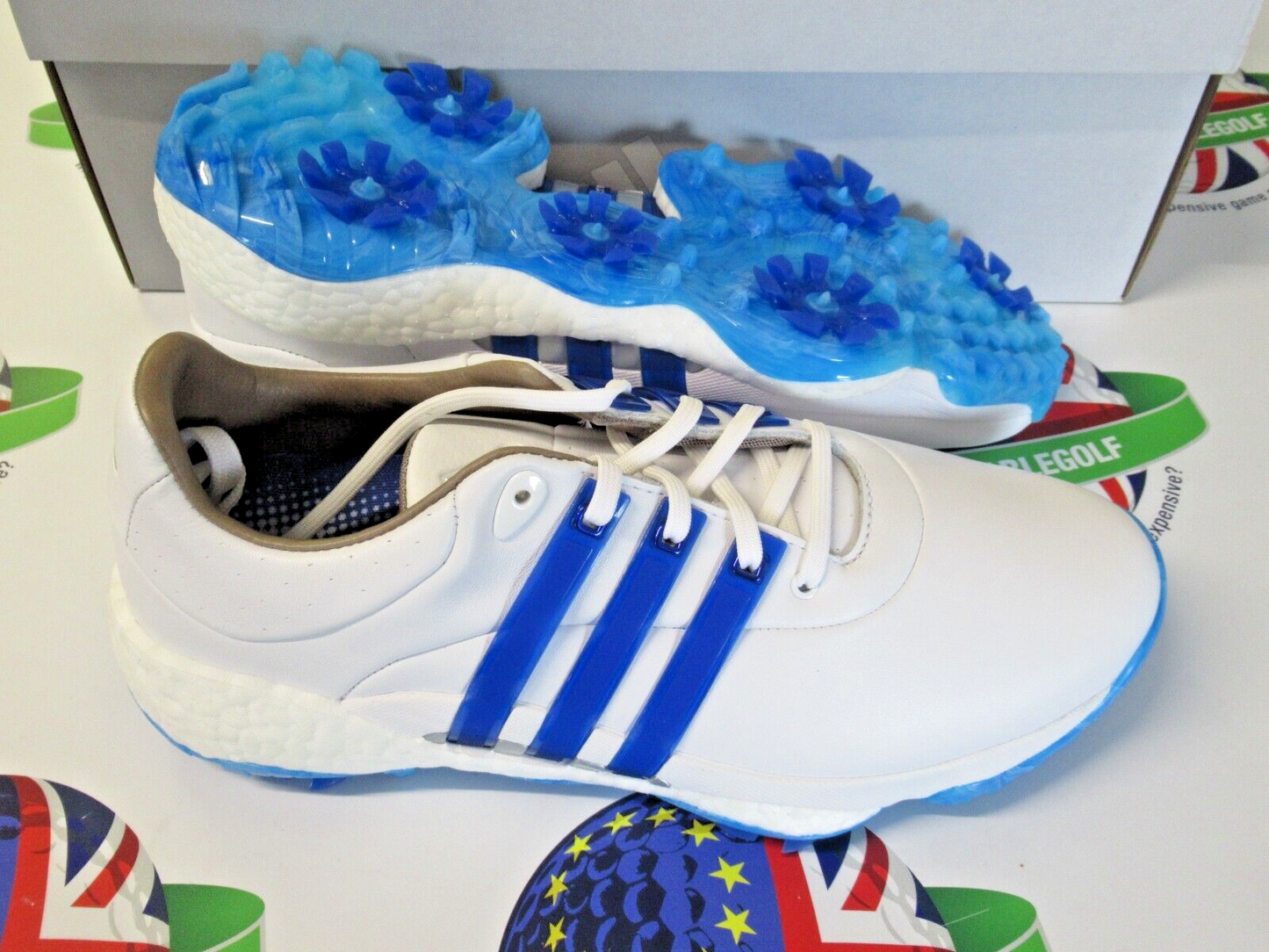 adidas tour 360 22 waterproof golf shoes white/blue uk size 7.5