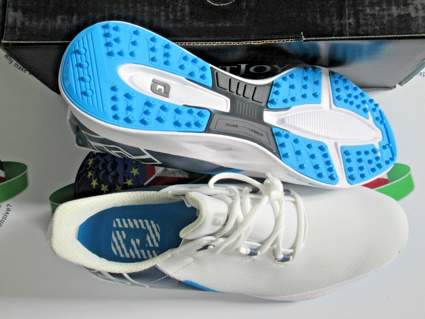 footjoy fuel sport waterproof golf shoes 55455k white/silver/blue 8 medium
