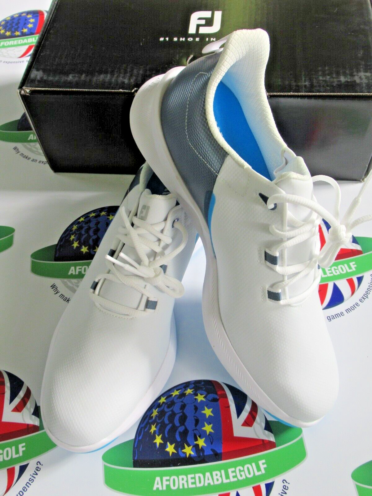 footjoy fuel sport waterproof golf shoes 55455k white/silver/blue 9 medium
