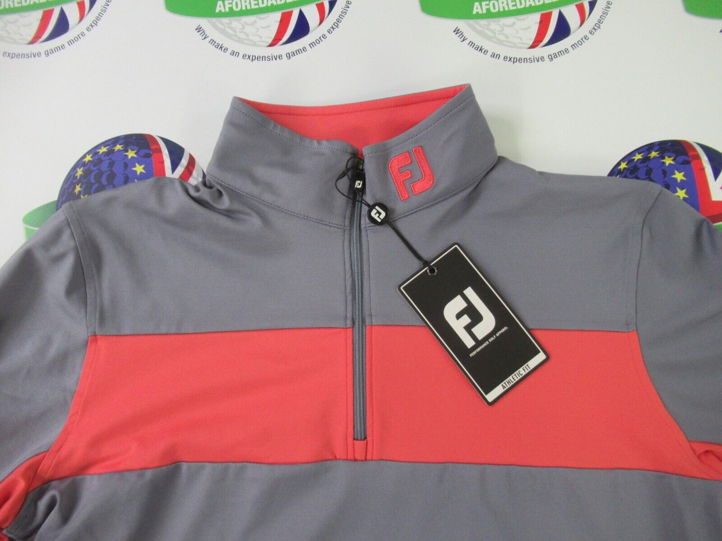 footjoy eu engineered chest stripe chill out 1/2 zip top graphite & coral uk size small