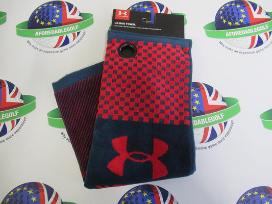new under armour golf bag towel blue/red metal grommet ring 20.5" x 6.7"