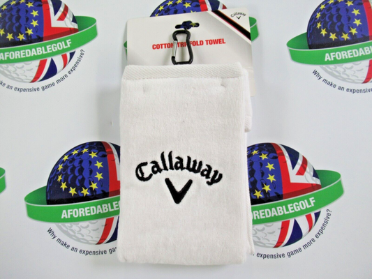 new callaway white cotton tri-fold towel 16" x 21" with carabiner