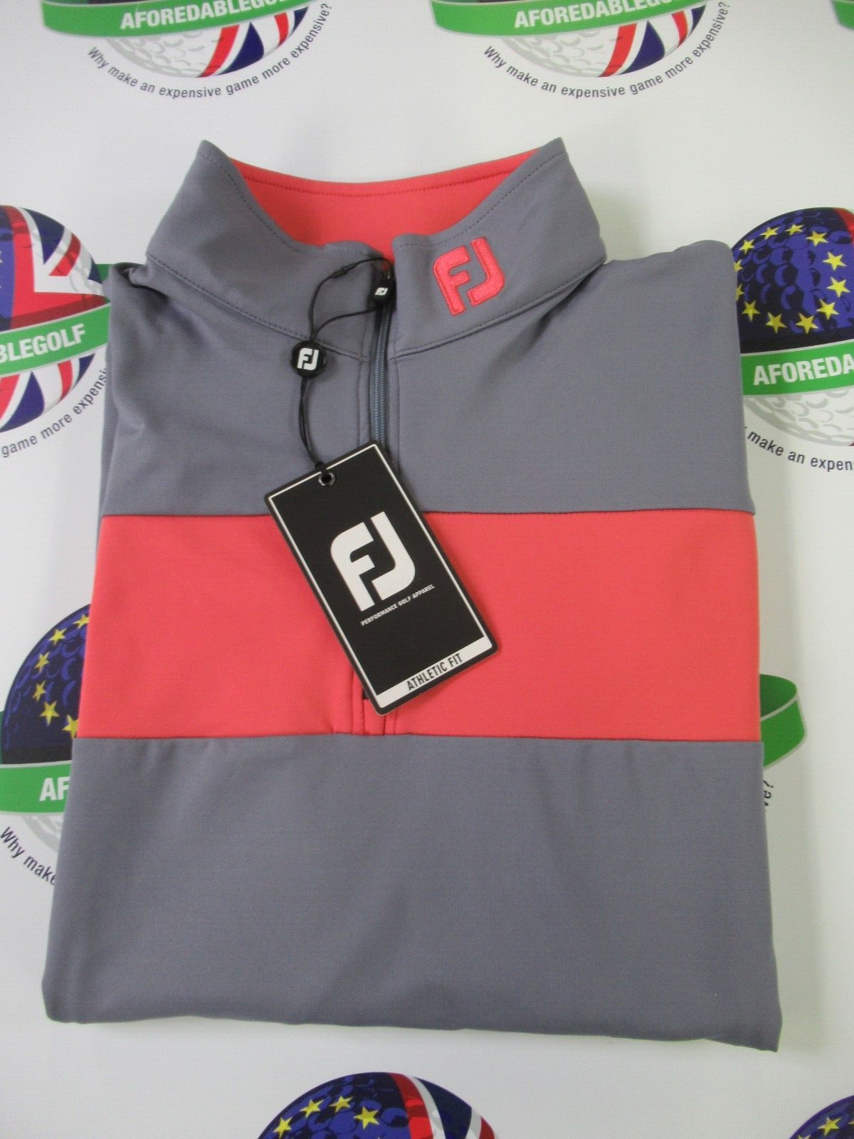 footjoy eu engineered chest stripe chill out 1/2 zip top graphite & coral uk size small