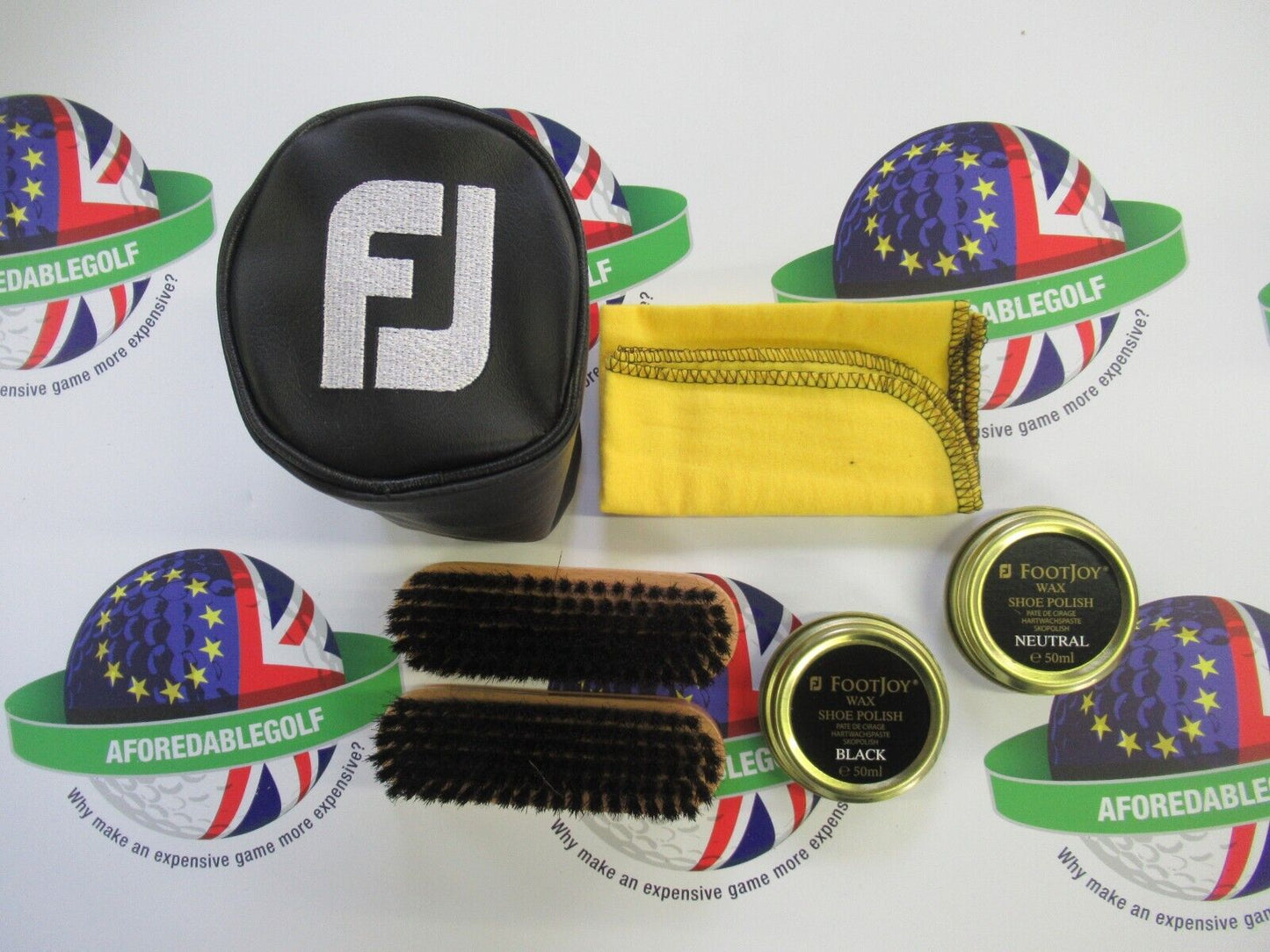 footjoy deluxe shoe care kit brushes, zipper pouch, cloth, black & neutral waxes