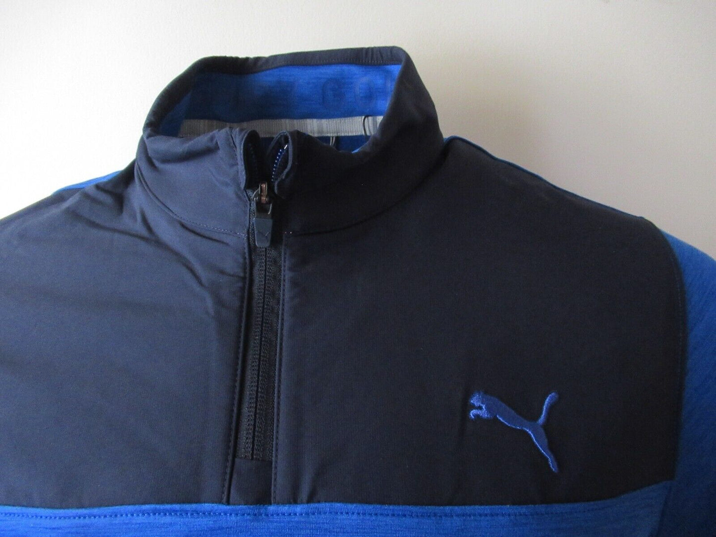 puma cloud spun colour block 1/4 zip pullover navy blazer/future blue size small