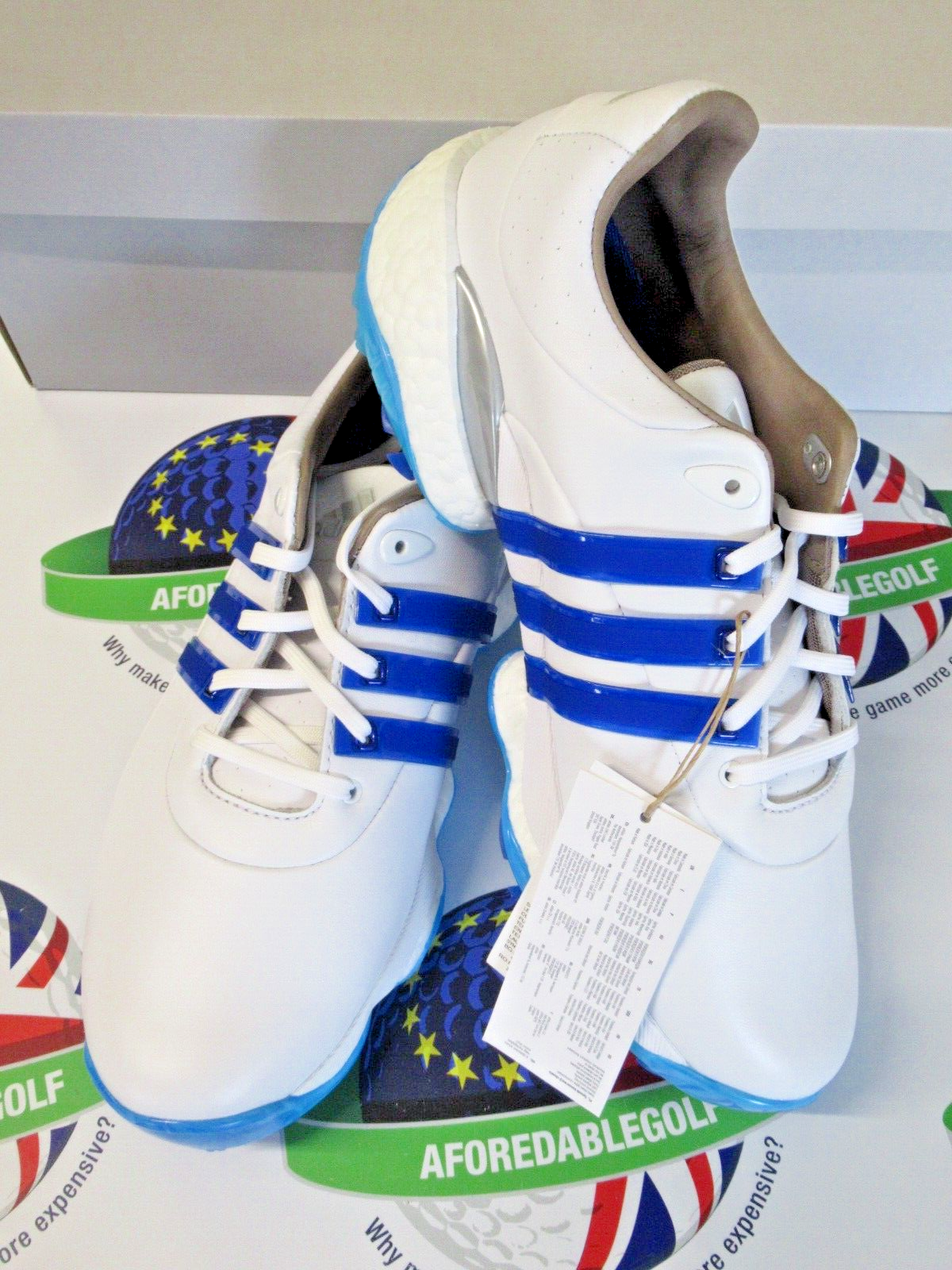 adidas tour 360 22 waterproof golf shoes white/blue uk size 7.5
