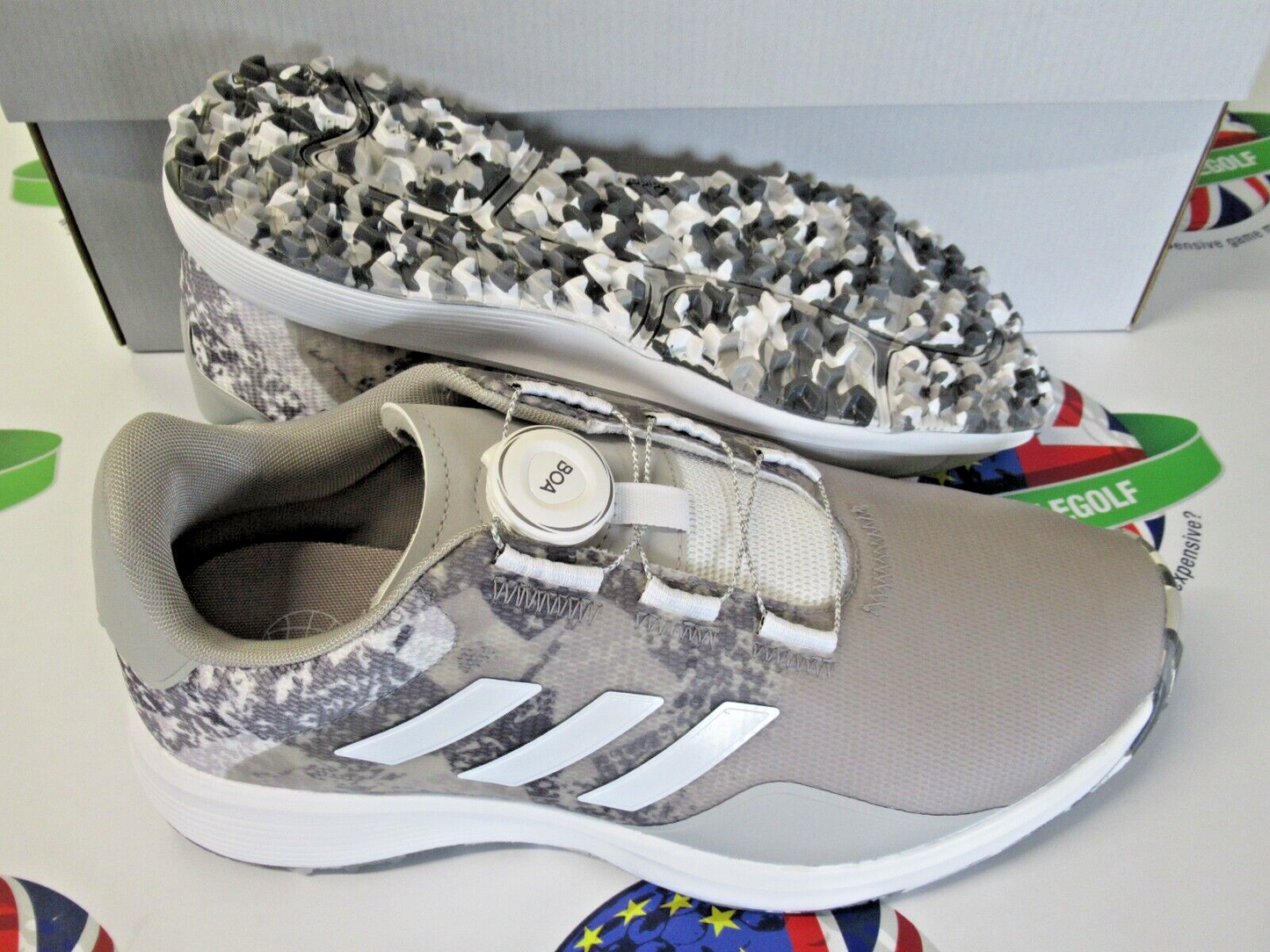 adidas s2g sl boa 23 waterproof golf shoes grey camo/white uk size 8 wide