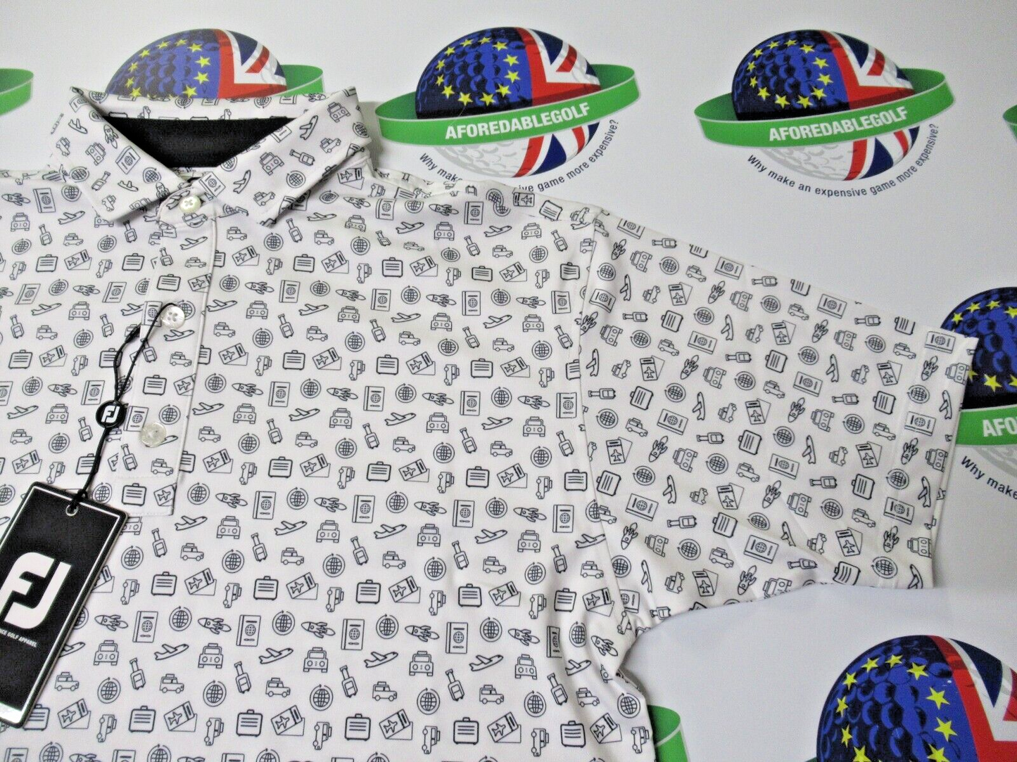 footjoy eu travel print polo shirt white/black uk size medium