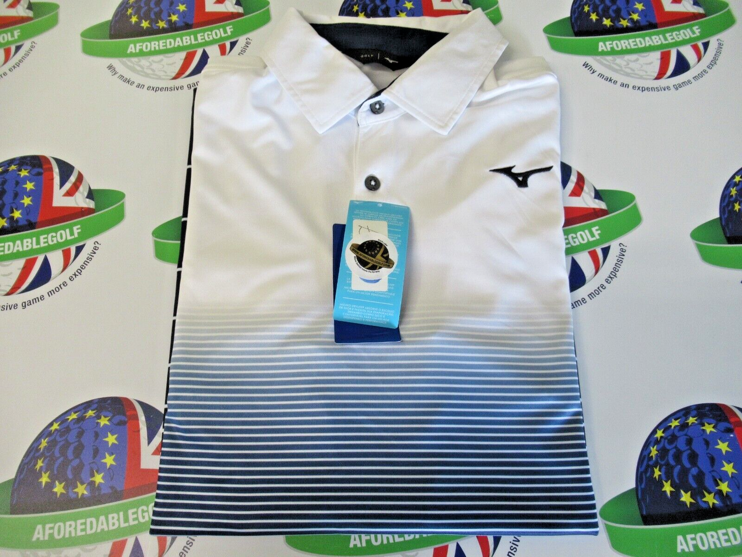 Mizuno Quick Dry Mirage Polo Shirt White/Multi Blue Stripe UK Size Medium