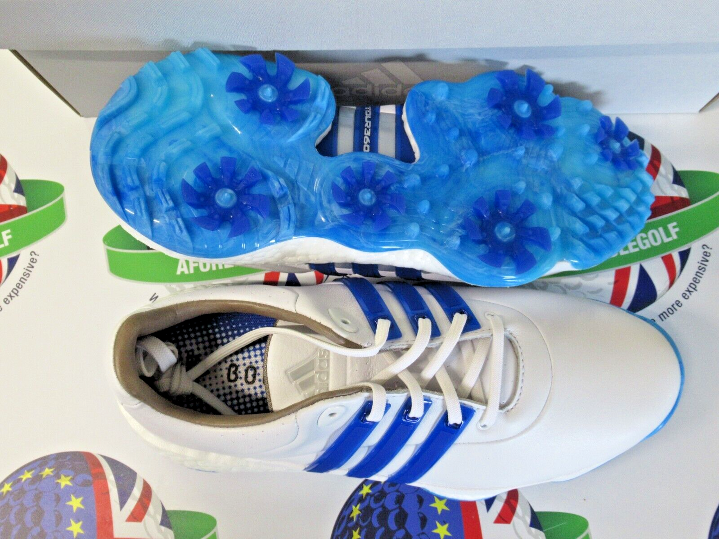adidas tour 360 22 waterproof golf shoes white/blue uk size 10.5