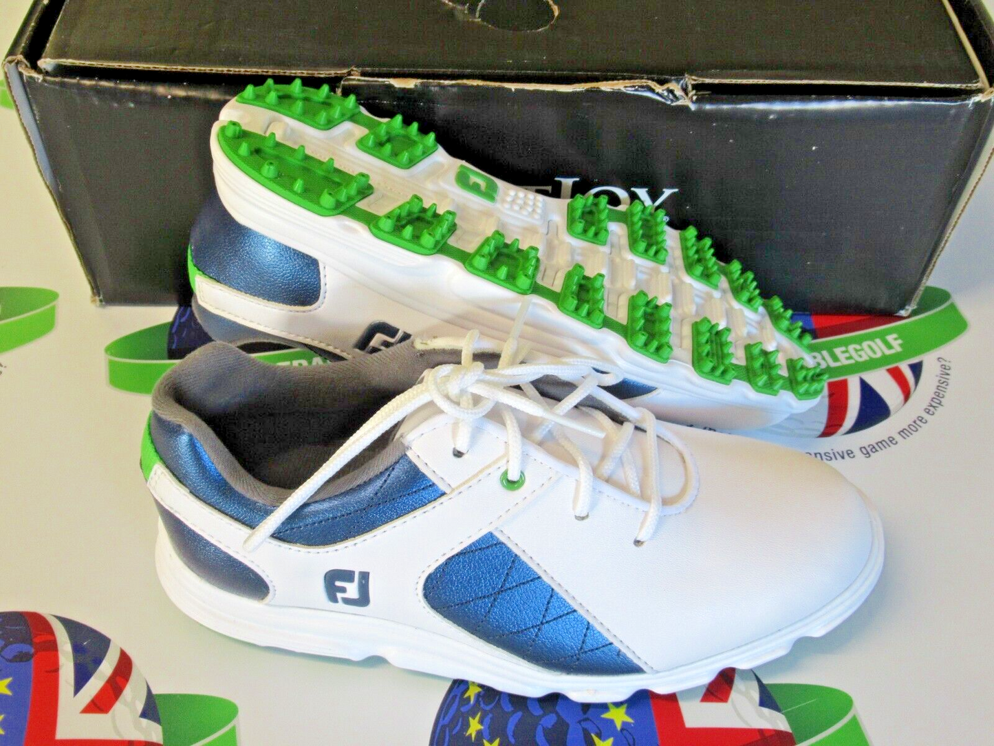 footjoy junior golf shoes 45039k white/blue/green uk size 2 medium