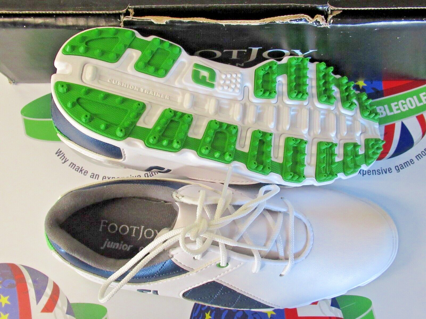 footjoy junior golf shoes 45039k white/blue/green uk size 2 medium