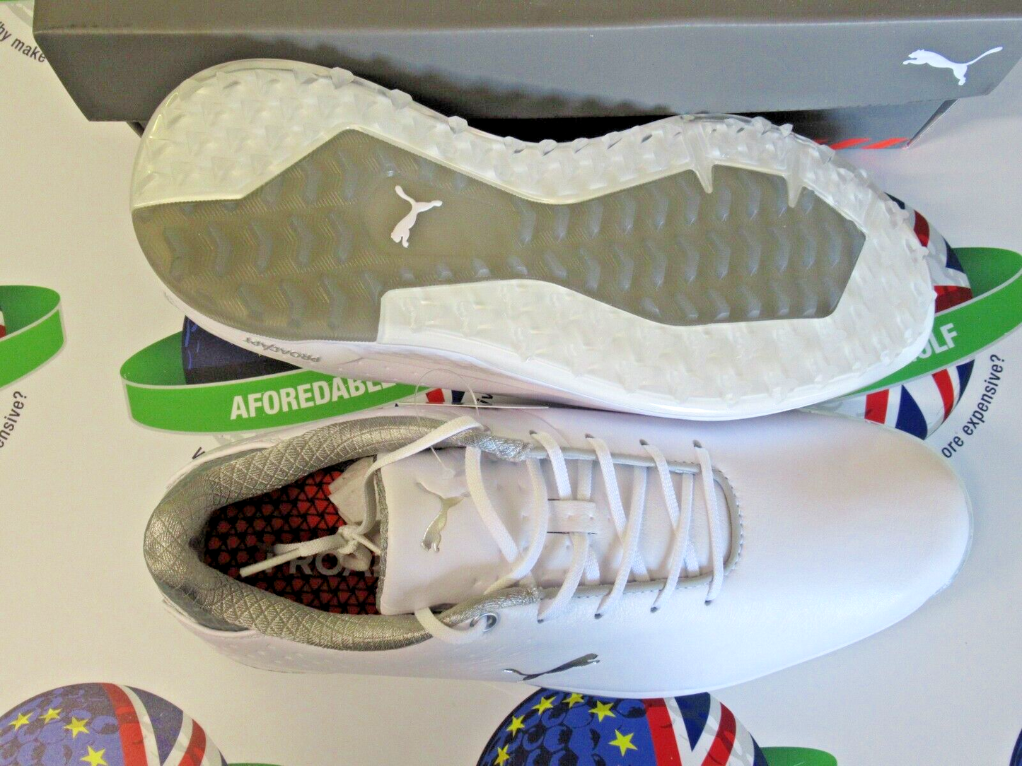 puma proadapt alphacat leather golf shoes white/silver uk size 7.5