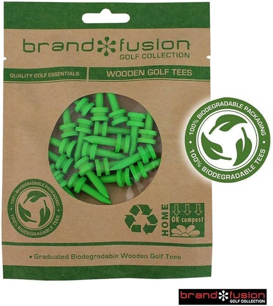 Brand Fusion Graduated Biodegradable Wooden Golf Tees Green 27mm Pack Of 20