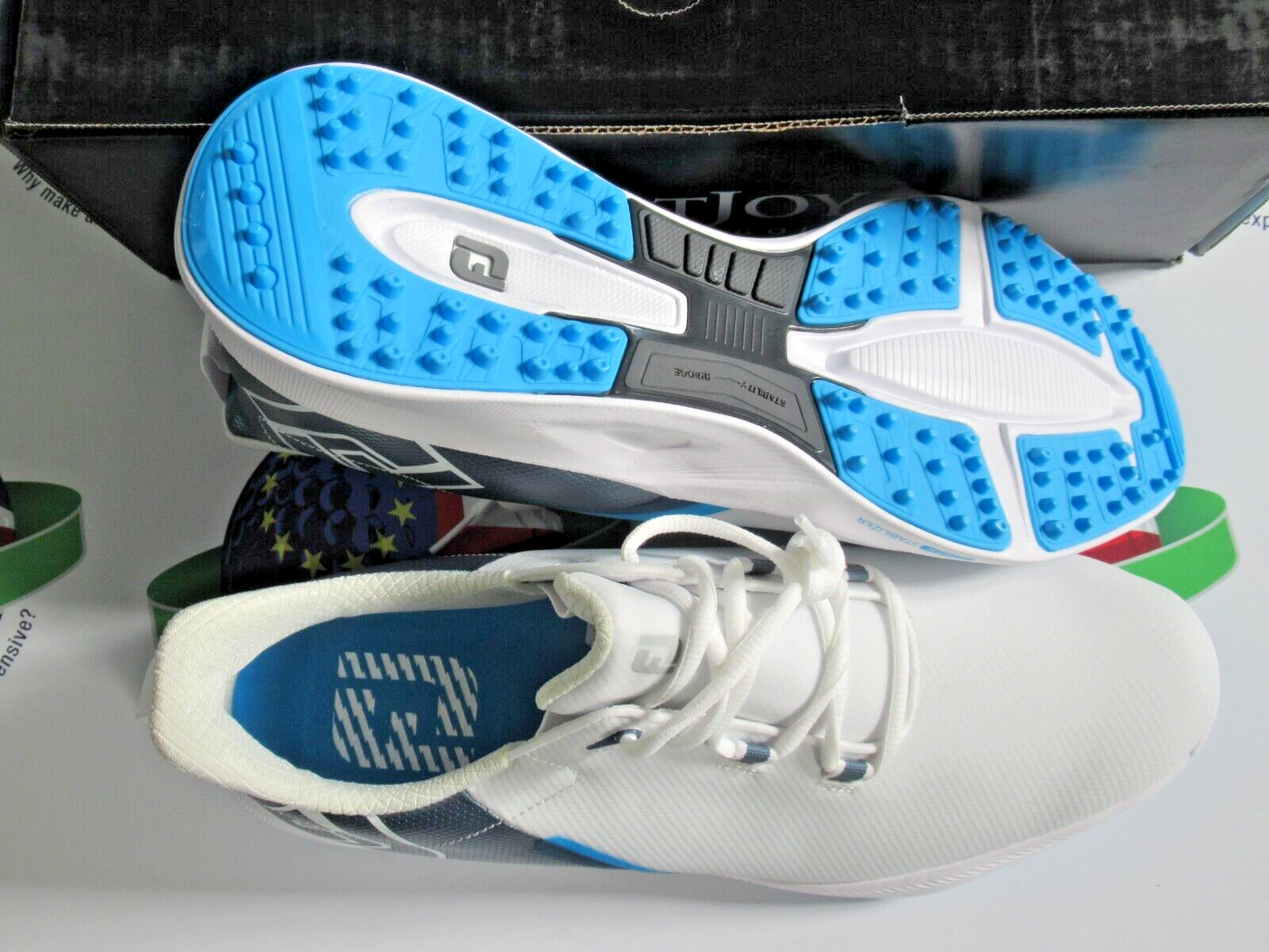 footjoy fuel sport waterproof golf shoes 55455k white/silver/blue 9 medium