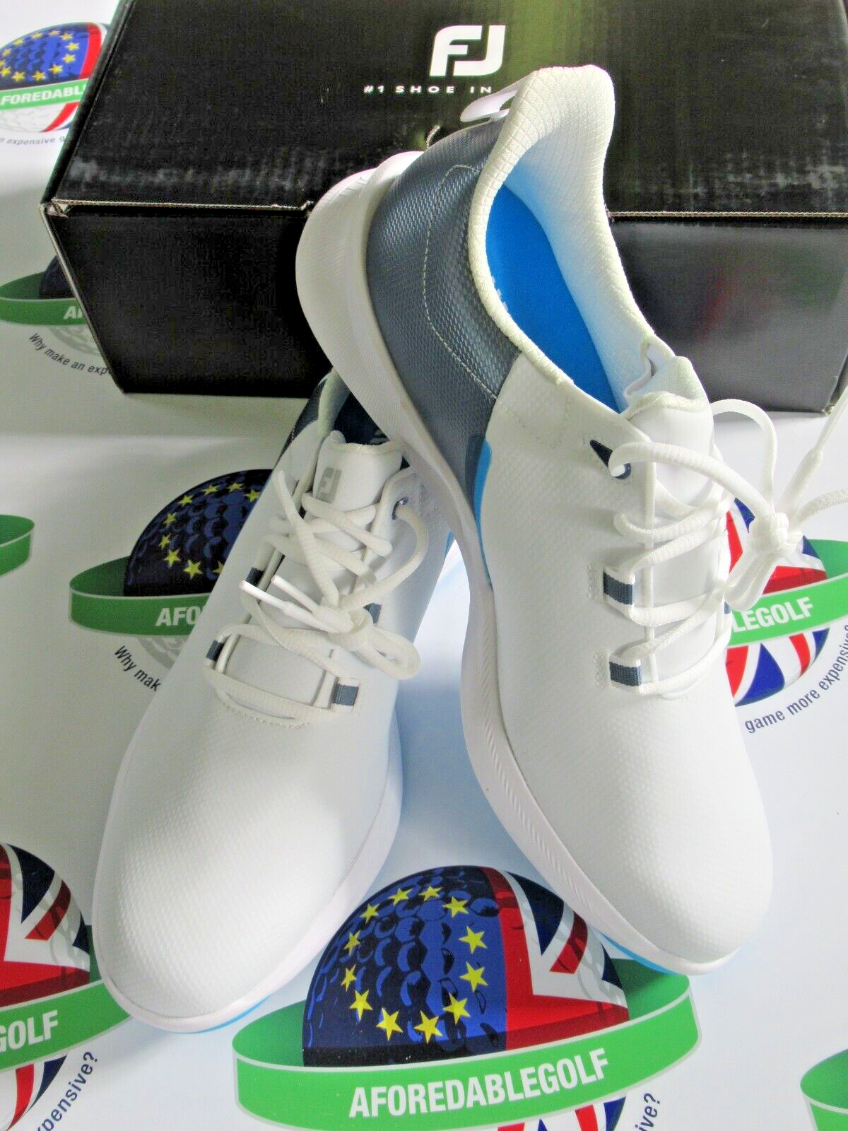 footjoy fuel sport waterproof golf shoes 55455k white/silver/blue 8 medium