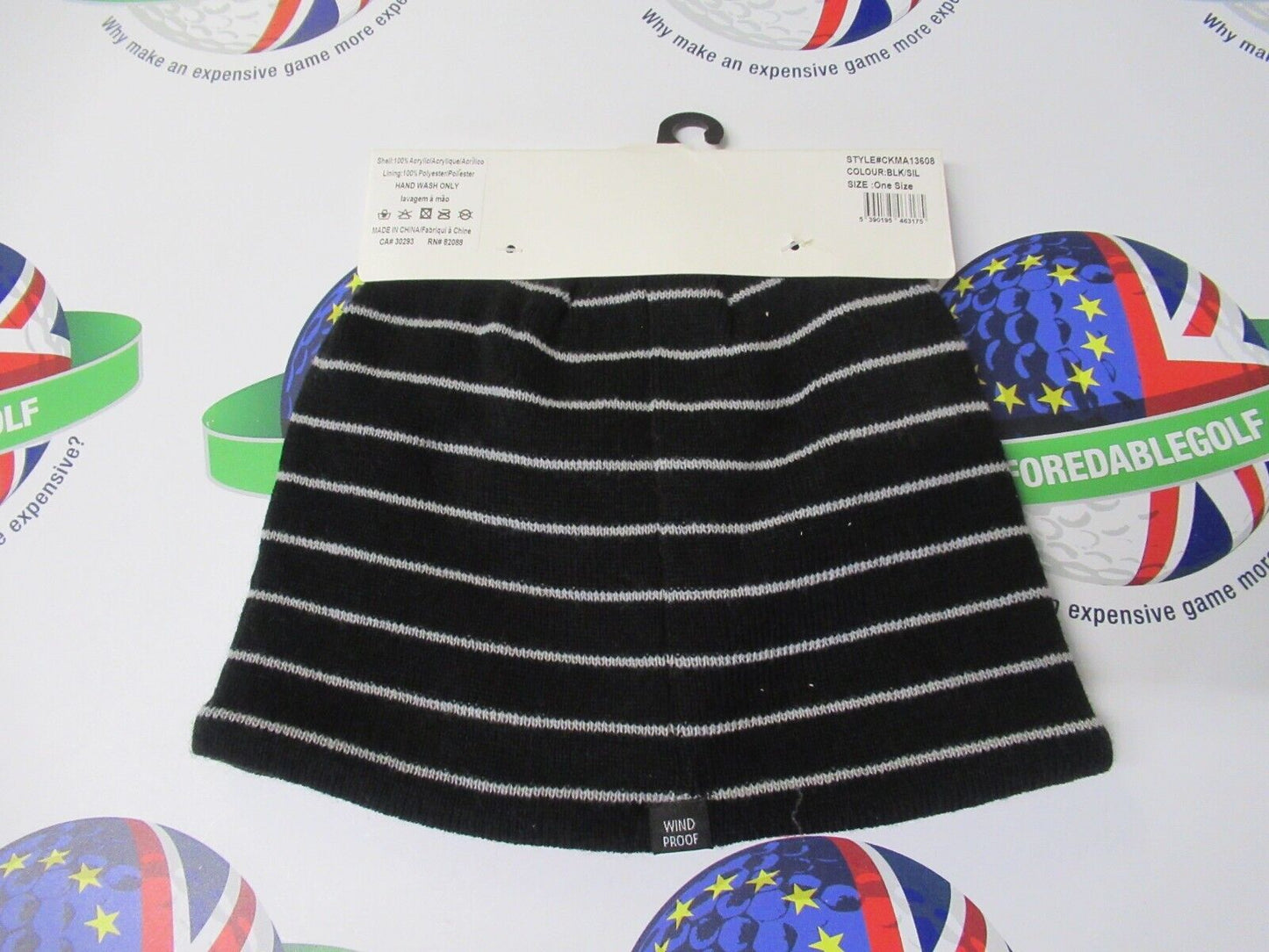 calvin klein golf black/white stripe fleece lined windproof beanie