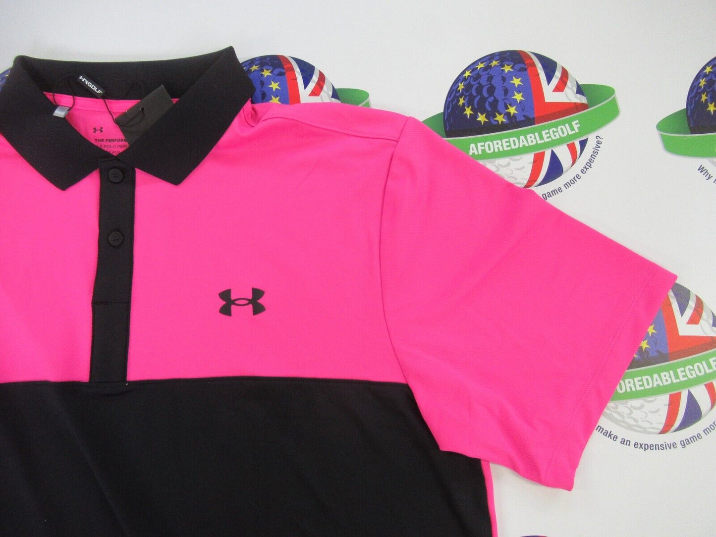 under armour the performance polo 3.0 colour block black/pink uk size medium