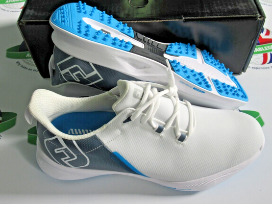footjoy fuel sport waterproof golf shoes 55455k white/silver/blue 9.5 medium