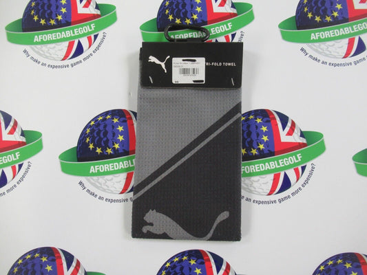 new puma micofiber tri-fold towel black/grey 20.9" x 5.7" with carabiner