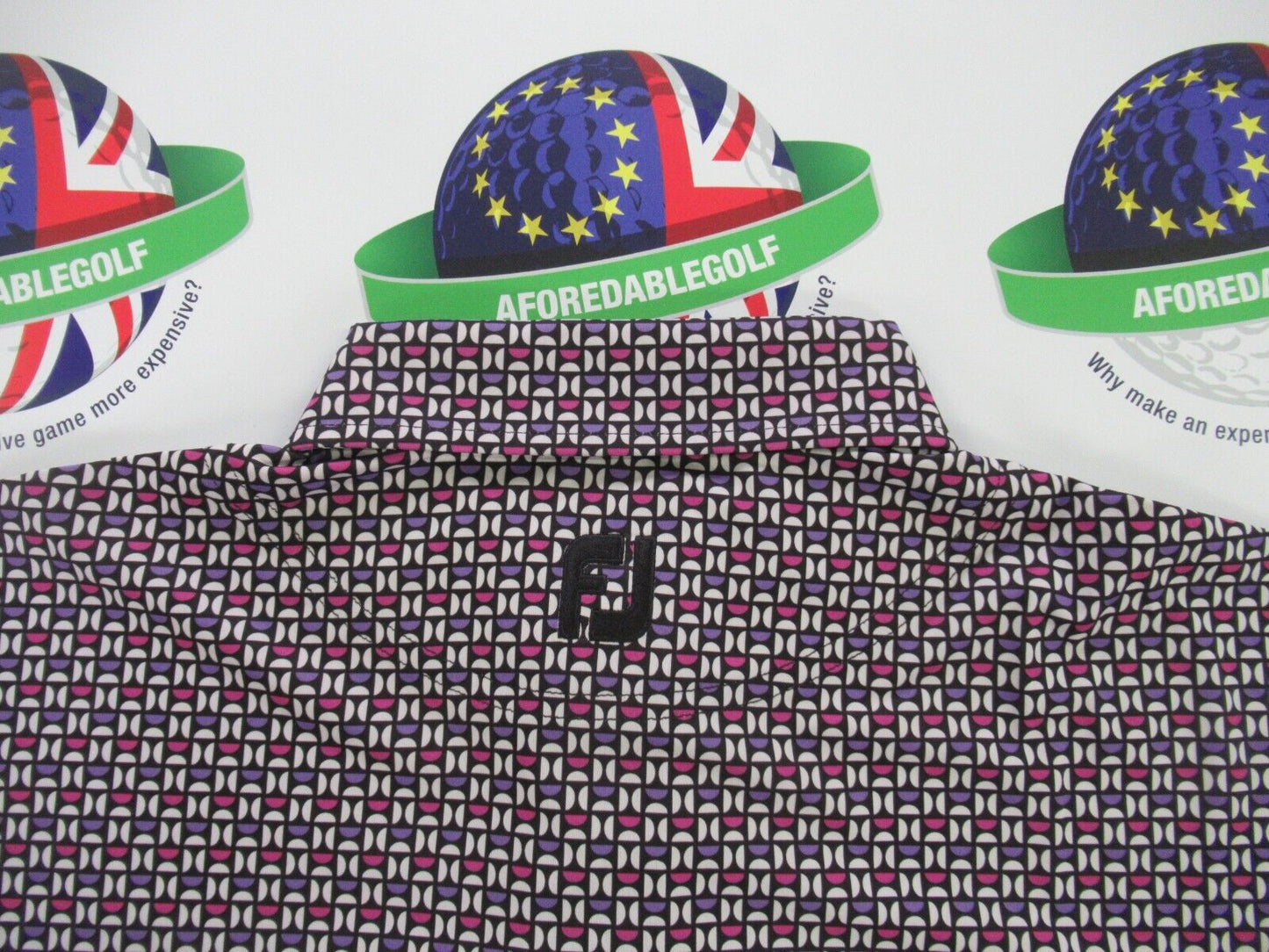footjoy eu half moon geo black/white/orchid/violet polo shirt uk size medium