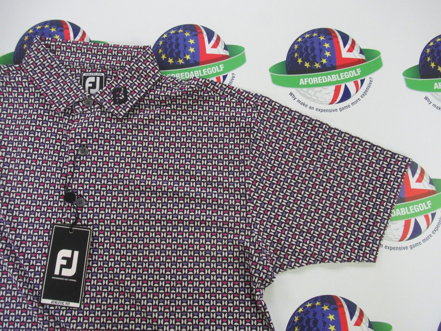 footjoy eu half moon geo black/white/orchid/violet polo shirt uk size medium